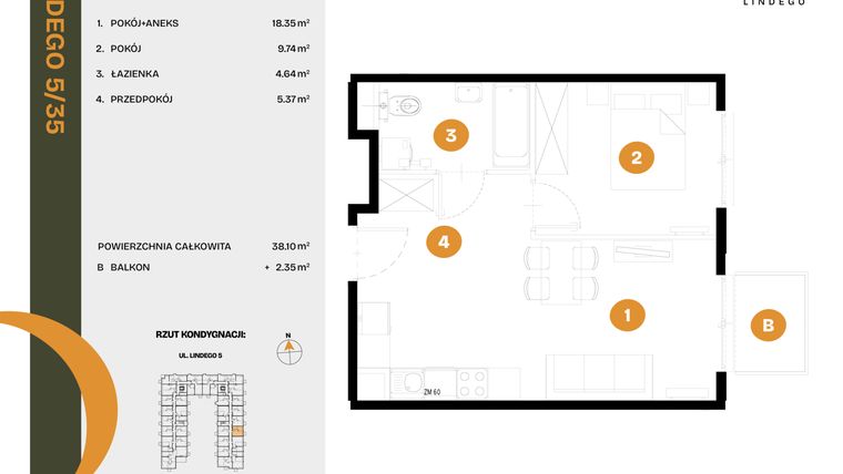 Rzut - Mieszkanie na sprzedaż 2 pokoje o powierzchni 38,1 m² - numer 35 w CLOU LINDEGO