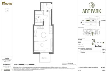 Rzut - Mieszkanie na sprzedaż 1 pokój o powierzchni 30,74 m² - numer B.3.B802 w Inhome Osiedle ArtPark etap I