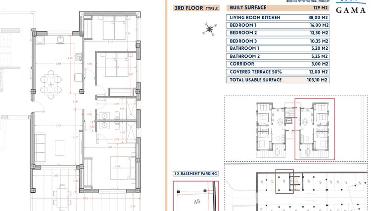 Rzut - Mieszkanie na sprzedaż 3 pokoje o powierzchni 129 m² - numer 48 w Velapi II - Murcia