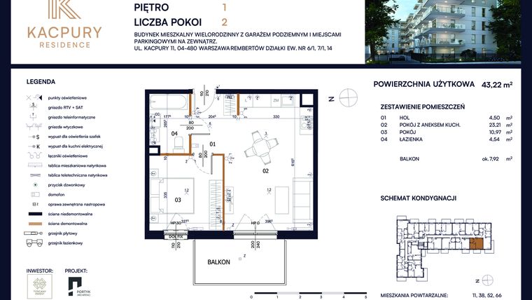 Rzut - Mieszkanie na sprzedaż 2 pokoje o powierzchni 43,22 m² - numer M24 w Kacpury Residence