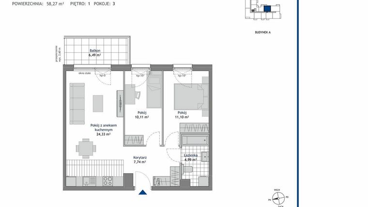 Rzut - Mieszkanie na sprzedaż 3 pokoje o powierzchni 58,27 m² - numer A.1.7 w Linea bud. A