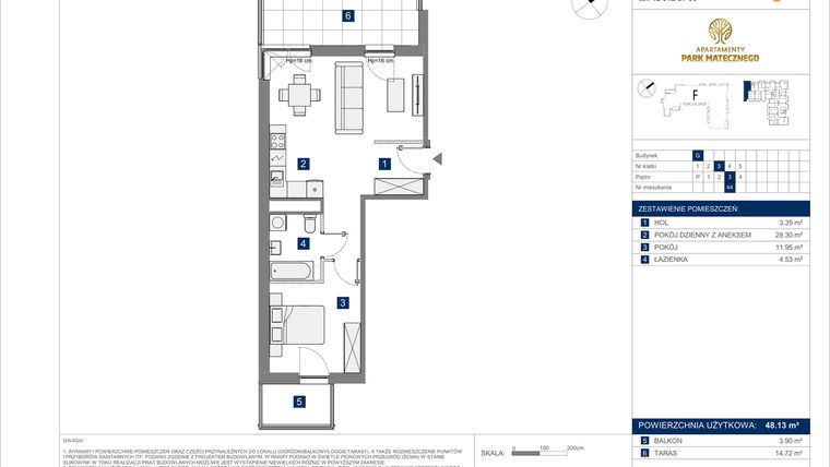 Rzut - Mieszkanie na sprzedaż 2 pokoje o powierzchni 48,13 m² - numer G-44 w Apartamenty Park Matecznego Etap 2