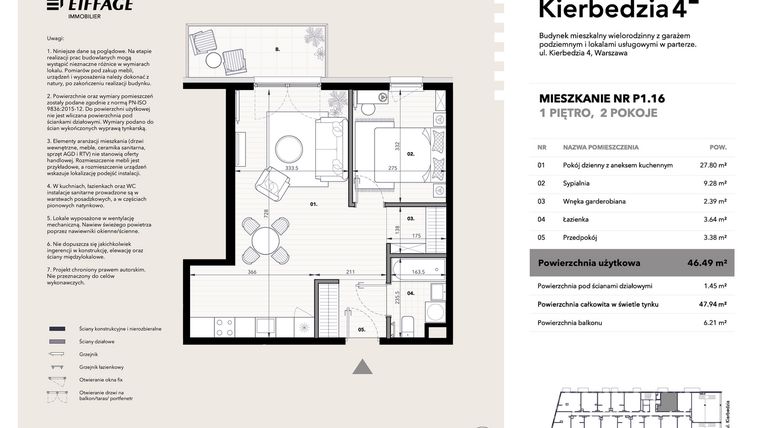 Rzut - Mieszkanie na sprzedaż 2 pokoje o powierzchni 46,49 m² - numer P1.16 w Kierbedzia 4