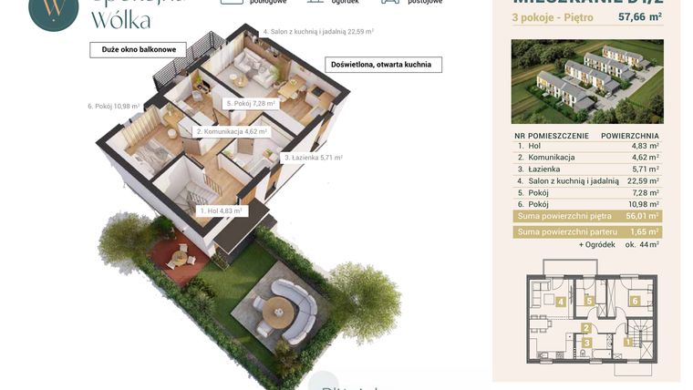 Rzut - Mieszkanie na sprzedaż 3 pokoje o powierzchni 57,66 m² - numer D1/2 w Spokojna Wólka etap IV