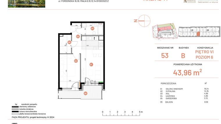 Rzut - Mieszkanie na sprzedaż 2 pokoje o powierzchni 43,96 m² - numer 12.53 w Osiedle Nowe Horyzonty etap III