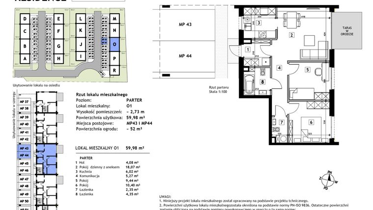 Rzut - Mieszkanie na sprzedaż 3 pokoje o powierzchni 59,98 m² - numer O1 w Złotno Residence