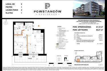 Rzut - Mieszkanie na sprzedaż 2 pokoje o powierzchni 43,3 m² - numer 2 w Powstańców Residence