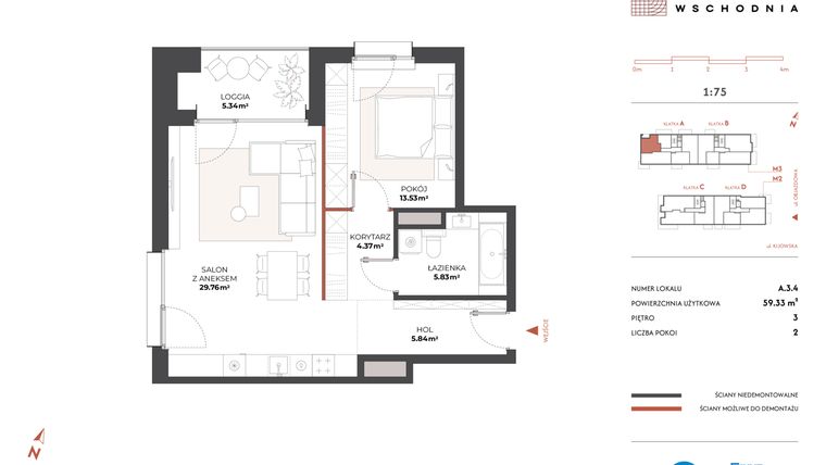 Rzut - Mieszkanie na sprzedaż 2 pokoje o powierzchni 59,33 m² - numer A.3.4 w Drucianka Wschodnia
