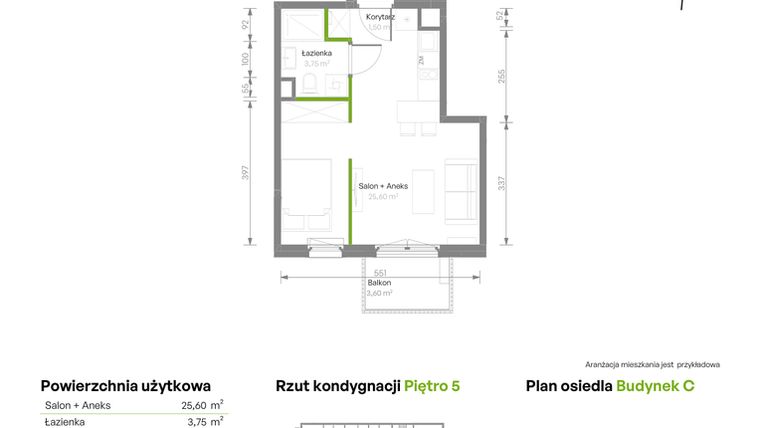 Rzut - Mieszkanie na sprzedaż 1 pokój o powierzchni 30,85 m² - numer C/019 w Bemosphere