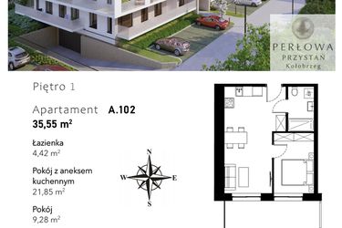 Rzut - Mieszkanie na sprzedaż 2 pokoje o powierzchni 35,55 m² - numer A.102 w Perłowa Przystań - Kołobrzeg - etap II