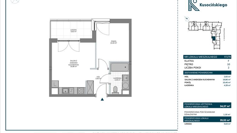 Rzut - Mieszkanie na sprzedaż 1 pokój o powierzchni 35,53 m² - numer F/179 w Kusocińskiego - Budynek B