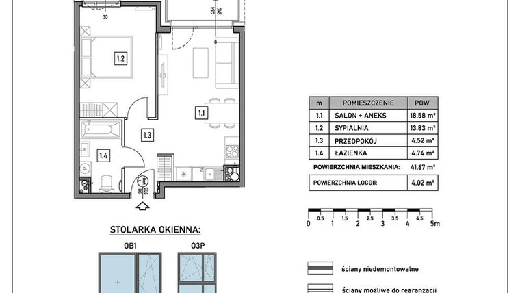 Rzut - Mieszkanie na sprzedaż 2 pokoje o powierzchni 41,67 m² - numer A.4.1 w GreenLine