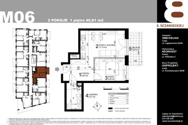 Rzut - Mieszkanie na sprzedaż 2 pokoje o powierzchni 40,91 m² - numer M06 w Sczanieckiej 8