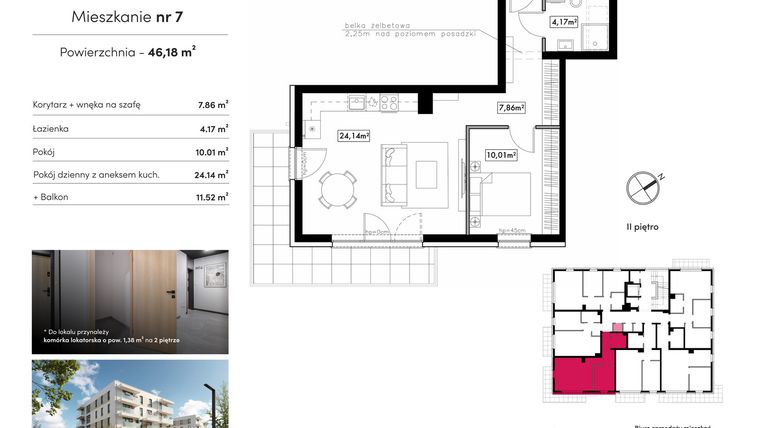 Rzut - Mieszkanie na sprzedaż 2 pokoje o powierzchni 46,18 m² - numer B17.M7 w Novum Rumia - bud. 17