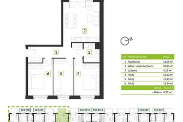 Rzut - Mieszkanie na sprzedaż 4 pokoje o powierzchni 76,06 m² - numer 1K1 M10 w Osiedle Krzeptów przy lesie
