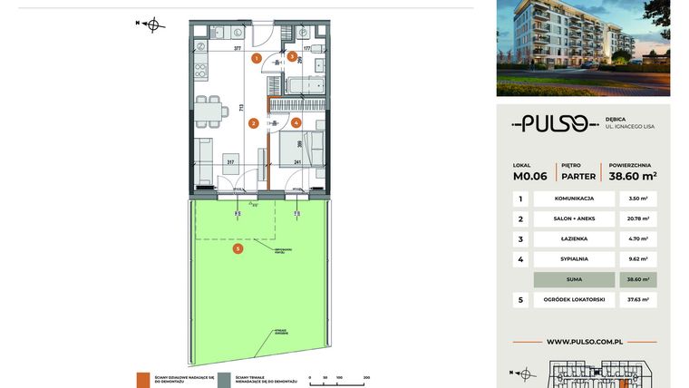 Rzut - Mieszkanie na sprzedaż 2 pokoje o powierzchni 38,6 m² - numer M0.06 w Pulso