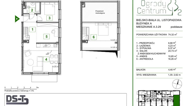 Rzut - Mieszkanie na sprzedaż 2 pokoje o powierzchni 74,32 m² - numer A.3.29 w Ogrody Centrum 2