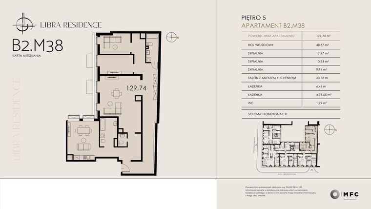 Rzut - Mieszkanie na sprzedaż 4 pokoje o powierzchni 129,74 m² - numer B2.M38 w Libra Residence