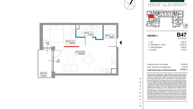 Rzut - Mieszkanie na sprzedaż 1 pokój o powierzchni 40,92 m² - numer B047 w Grunwald Między Drzewami etap II