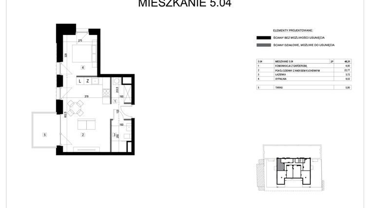 Rzut - Mieszkanie na sprzedaż 1 pokój o powierzchni 40,31 m² - numer M5.04 w Verde Casa