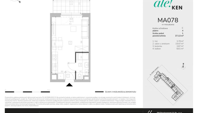 Rzut - Mieszkanie na sprzedaż 1 pokój o powierzchni 27,12 m² - numer MA078 w Ale!Ken