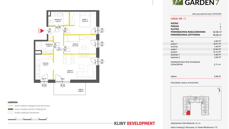 Rzut - Mieszkanie na sprzedaż 3 pokoje o powierzchni 59,98 m² - numer 13 w Nova Viva Garden 7