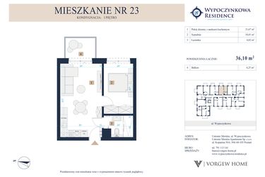 Rzut - Mieszkanie na sprzedaż 2 pokoje o powierzchni 36,1 m² - numer 23 w Wypoczynkowa Residence