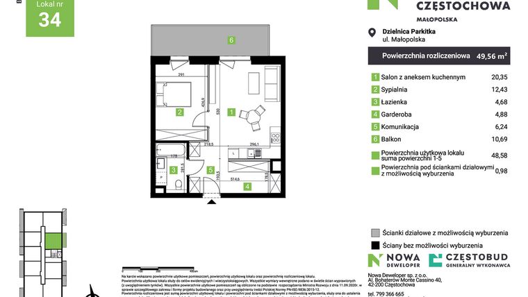 Rzut - Mieszkanie na sprzedaż 2 pokoje o powierzchni 49,56 m² - numer D34 w Nowa Częstochowa Małopolska etap II