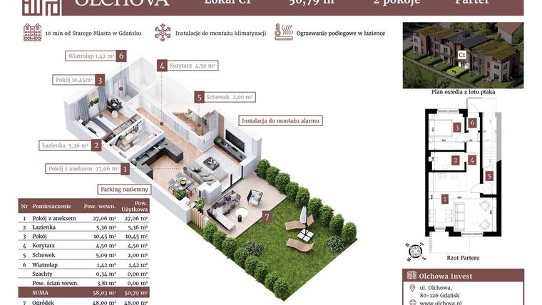Rzut - Mieszkanie na sprzedaż 2 pokoje o powierzchni 50,79 m² - numer C1 w Olchova