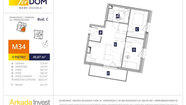 Rzut - Mieszkanie na sprzedaż 3 pokoje o powierzchni 48,58 m² - numer M34_F.c w Osiedle forDOM – etap C