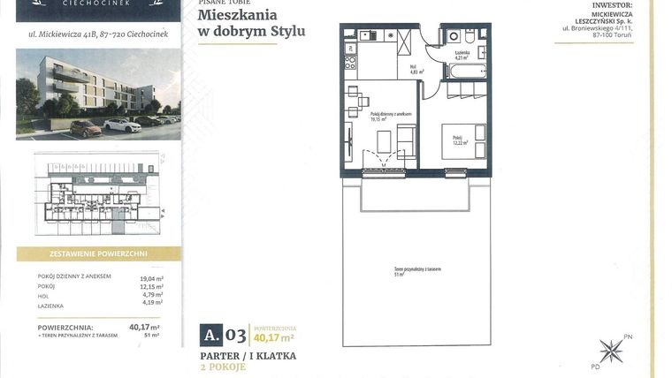 Rzut - Mieszkanie na sprzedaż 2 pokoje o powierzchni 40,17 m² - numer A3 w Mickiewicza