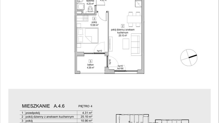 Rzut - Mieszkanie na sprzedaż 2 pokoje o powierzchni 44,56 m² - numer A.4.6 w ATAL Symbioza IA