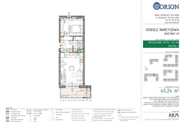 Rzut - Mieszkanie na sprzedaż 2 pokoje o powierzchni 45,24 m² - numer N1.55 w Osiedle Narcyzowe etap 2
