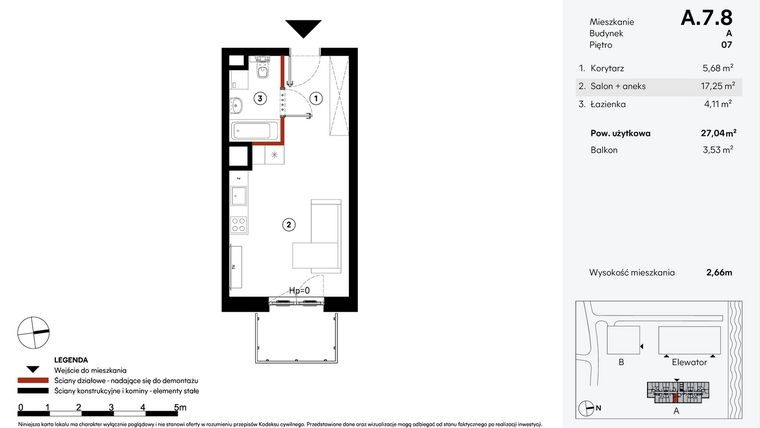 Rzut - Mieszkanie na sprzedaż 1 pokój o powierzchni 27,04 m² - numer A.7.8 w Elewator - Mieszkania i Lofty