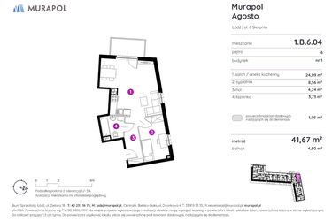 Rzut - Mieszkanie na sprzedaż 2 pokoje o powierzchni 41,55 m² - numer 1.B.6.04 w Murapol Agosto