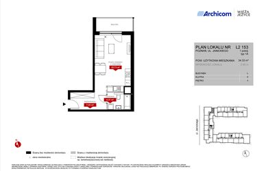 Rzut - Mieszkanie na sprzedaż 1 pokój o powierzchni 34,33 m² - numer L2.153 w Wieża Jeżyce etap VI