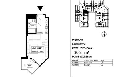 Rzut - Mieszkanie na sprzedaż 1 pokój o powierzchni 30,3 m² - numer 227 w Apollo Resort
