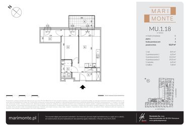 Rzut - Mieszkanie na sprzedaż 3 pokoje o powierzchni 52,1 m² - numer MU.1.18 w Marimonte - apartamenty inwestycyjne