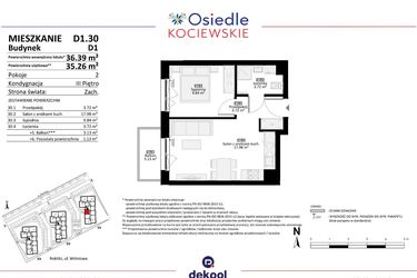 Rzut - Mieszkanie na sprzedaż 2 pokoje o powierzchni 35,26 m² - numer D1.30 w Osiedle Kociewskie etap III