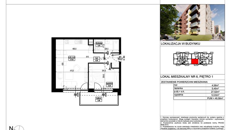 Rzut - Mieszkanie na sprzedaż 2 pokoje o powierzchni 49,58 m² - numer A.6 w Wólczańska 248 - etap II