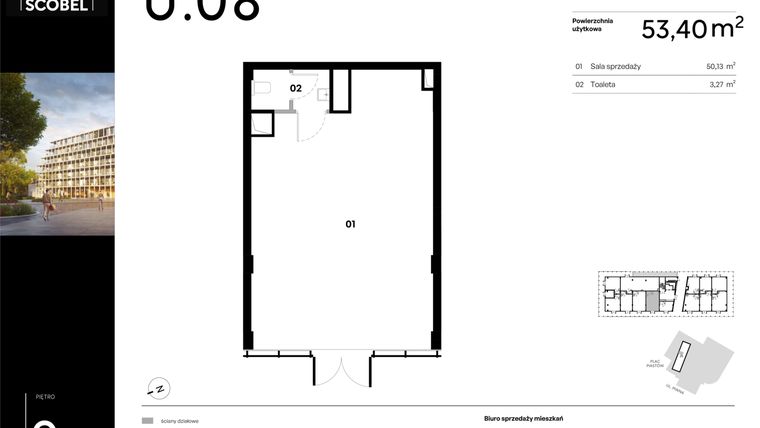 Rzut - Lokal użytkowy na sprzedaż 1 pokój o powierzchni 53,4 m² - numer U.08 w Browar HUGO SCOBEL