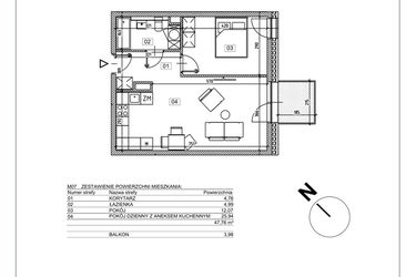 Rzut - Mieszkanie na sprzedaż 2 pokoje o powierzchni 47,76 m² - numer J.M07 w Osiedle Glivia Zachodnia