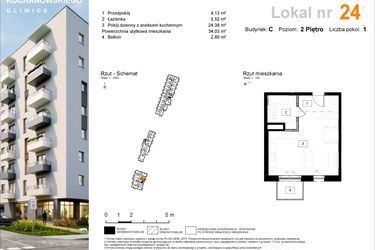 Rzut - Mieszkanie na sprzedaż 1 pokój o powierzchni 34,03 m² - numer C.24 w Osiedle Kochanowskiego - Gliwice