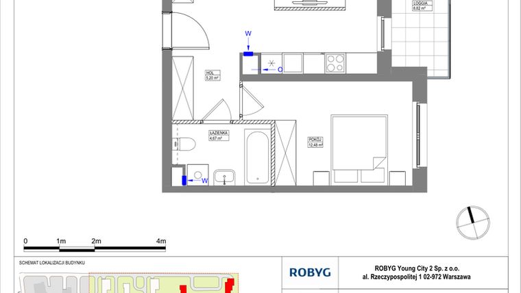 Rzut - Mieszkanie na sprzedaż 2 pokoje o powierzchni 49,48 m² - numer MLAAB/B/1/4 w Metro Life Apartamenty