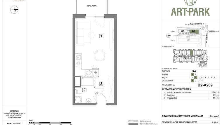 Rzut - Mieszkanie na sprzedaż 1 pokój o powierzchni 29,41 m² - numer B.2.A209 w ArtPark
