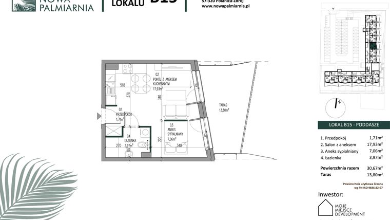 Rzut - Mieszkanie na sprzedaż 1 pokój o powierzchni 30,67 m² - numer B15 w Nowa Palmiarnia