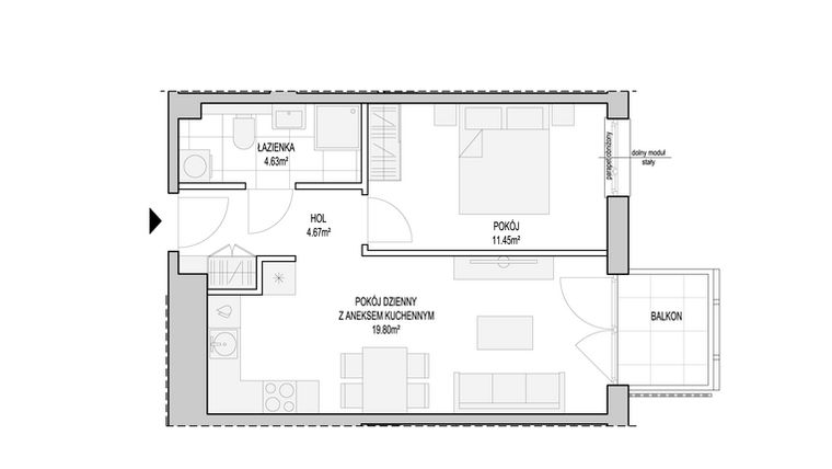 Rzut - Mieszkanie na sprzedaż 2 pokoje o powierzchni 41,86 m² - numer WO/T/13/30 w Wiszące Ogrody