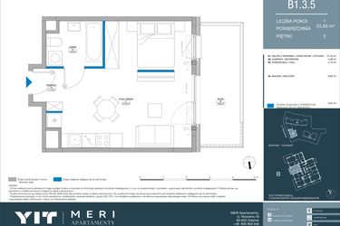 Rzut - Mieszkanie na sprzedaż 1 pokój o powierzchni 33,84 m² - numer B.1.3.5 w Meri Apartamenty