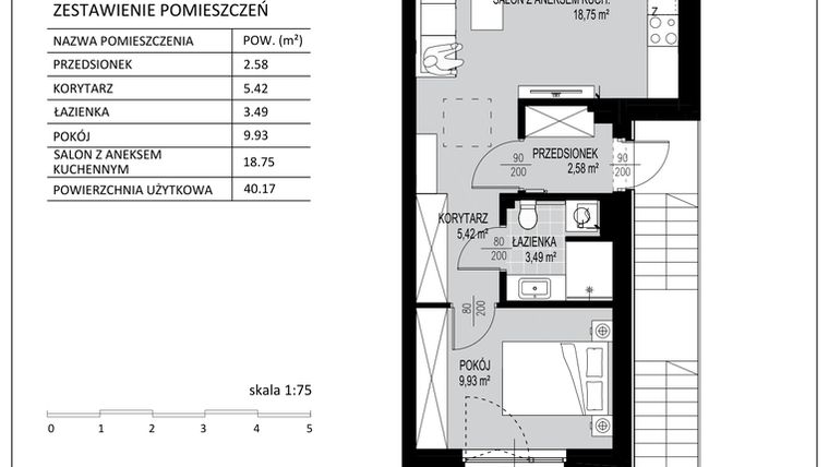Rzut - Mieszkanie na sprzedaż 2 pokoje o powierzchni 40,17 m² - numer C16 w Kowalove etap 2