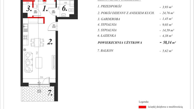 Rzut - Mieszkanie na sprzedaż 3 pokoje o powierzchni 58,14 m² - numer 10 w Enklawa Milanówek